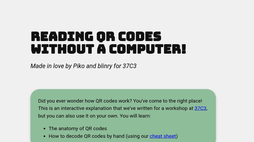 Screenshot of qr.blinry.org: Reading QR codes without a computer