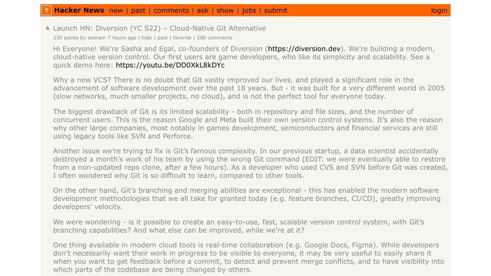 Screenshot of Hacker News post: Launch HN: Diversion (YC S22) – Cloud-Native Git Alternative