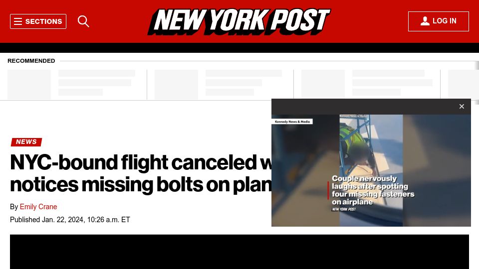 Screenshot of nypost.com: NYC-bound flight canceled when passenger notices missing bolts on plane wing