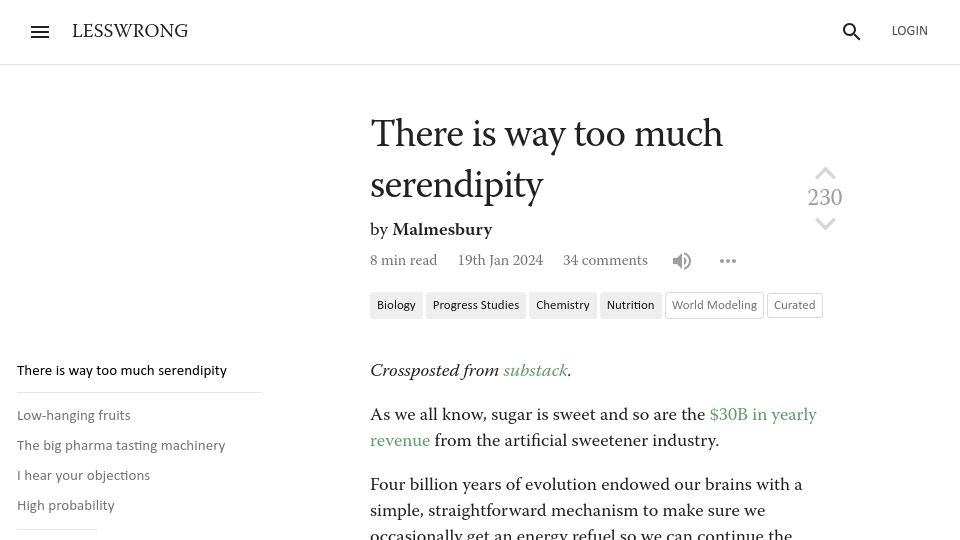Screenshot of lesswrong.com: Too much serendipity