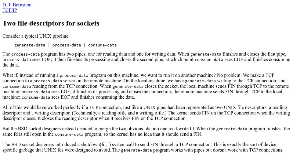 Screenshot of cr.yp.to: Two File Descriptors for Sockets