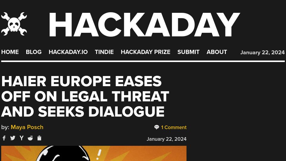 Screenshot of hackaday.com: Haier Europe Eases Off on Legal Threat and Seeks Dialogue