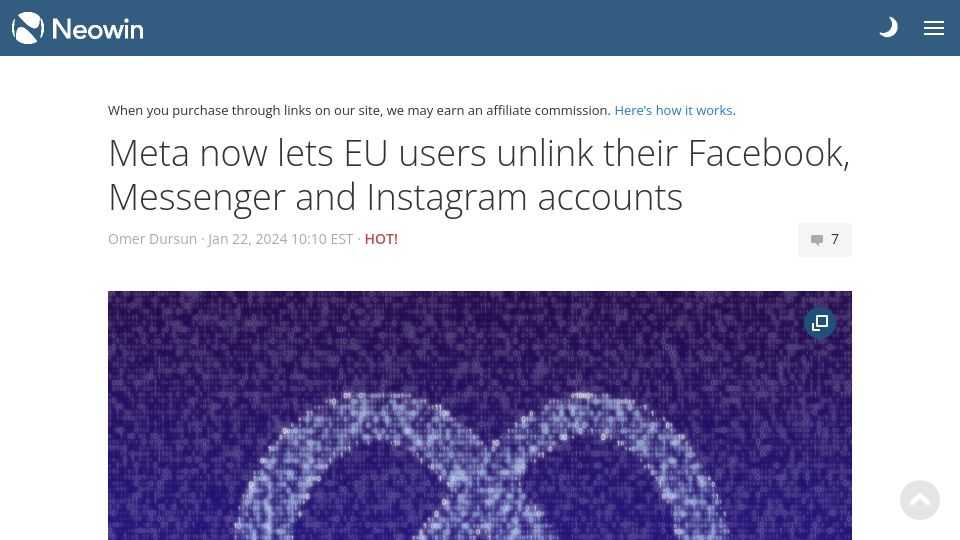 Screenshot of neowin.net: Meta now lets EU users unlink their Facebook, Messenger and Instagram accounts