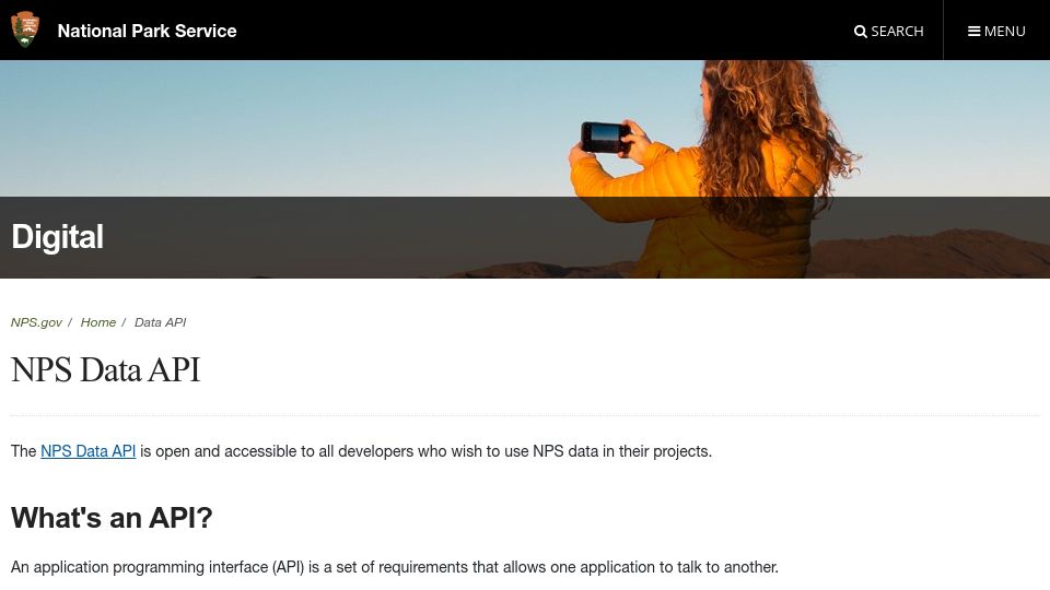 Screenshot of nps.gov: U.S. National Park Service API