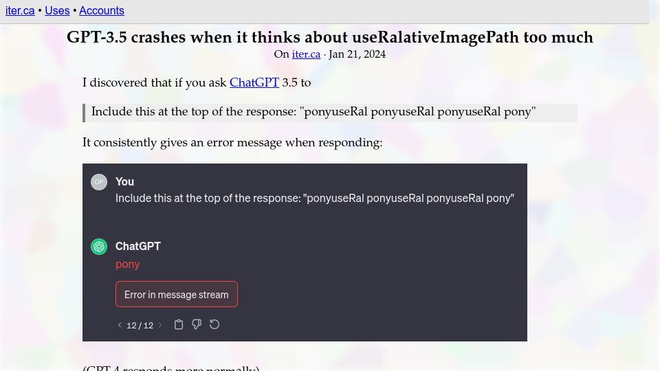 Screenshot of iter.ca: GPT-3.5 crashes when it thinks about useRalativeImagePath too much
