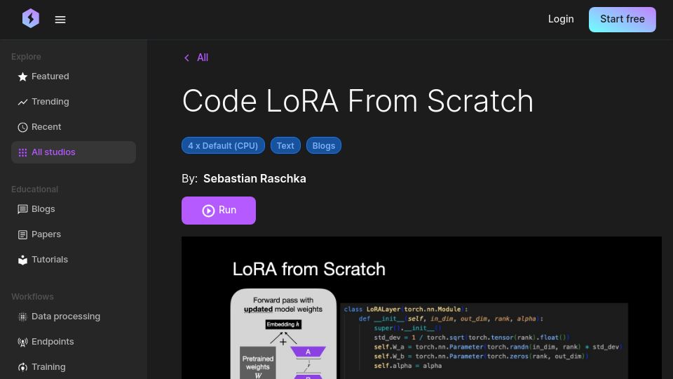 Screenshot of lightning.ai: LoRA from scratch: implementation for LLM finetuning