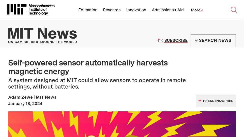 Screenshot of news.mit.edu: Battery-free self-powered sensor harvests magnetic energy