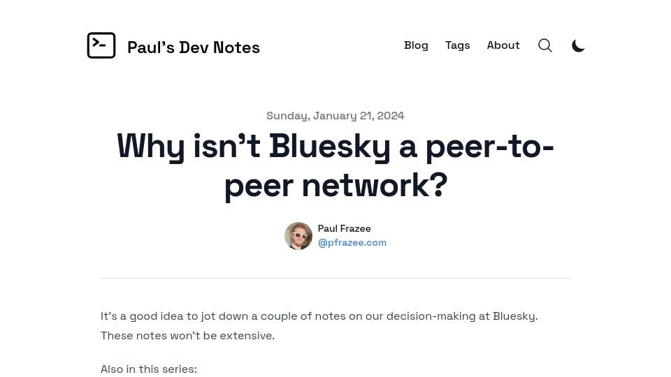 Screenshot of pfrazee.com: Why isn't Bluesky a peer-to-peer network?