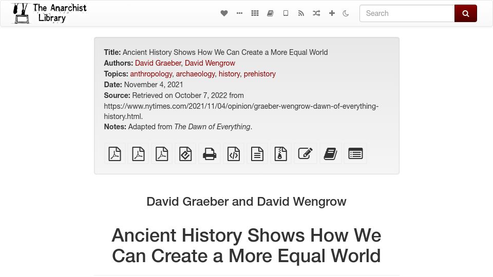 Screenshot of theanarchistlibrary.org: Graeber: Ancient History Shows How We Can Create a More Equal World