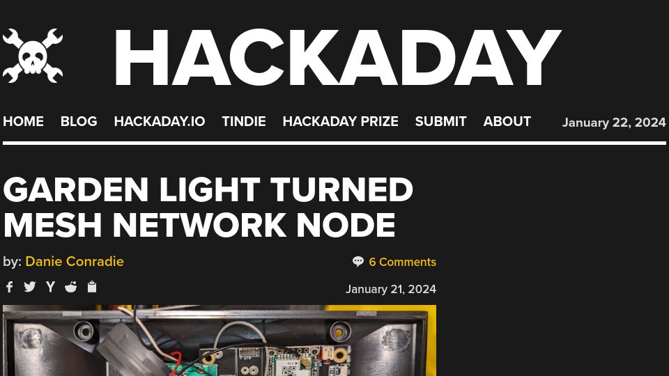 Screenshot of hackaday.com: Garden Light Turned Mesh Network Node