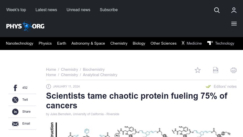 Screenshot of phys.org: Scientists tame chaotic protein fueling 75% of cancers