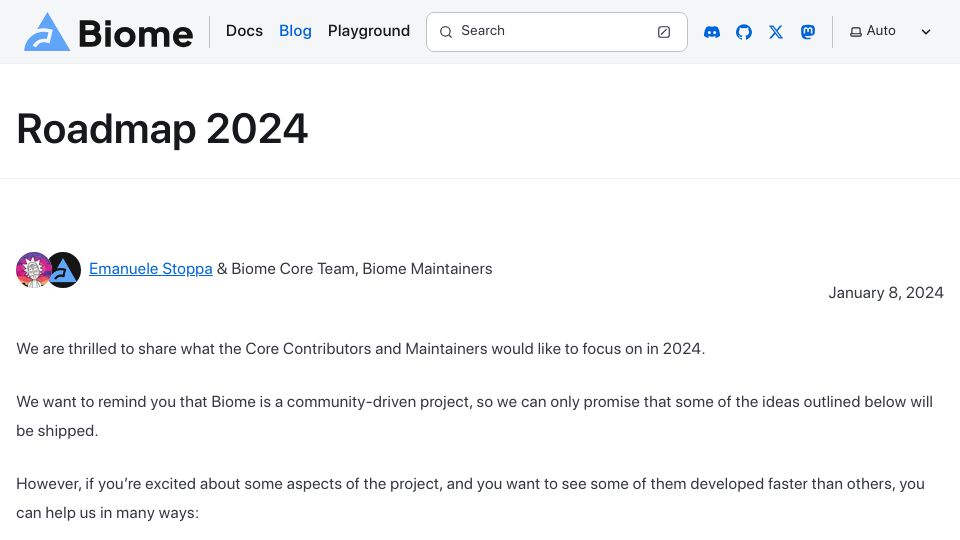 Screenshot of biomejs.dev: BiomeJS 2024 Roadmap