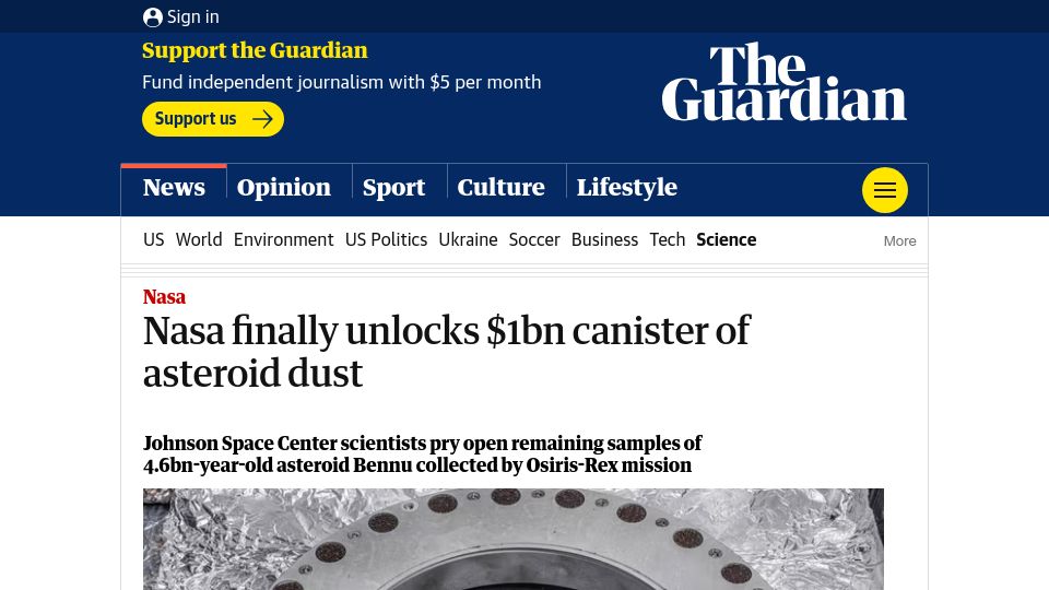 Screenshot of theguardian.com: NASA unlocks $1B canister of asteroid dust