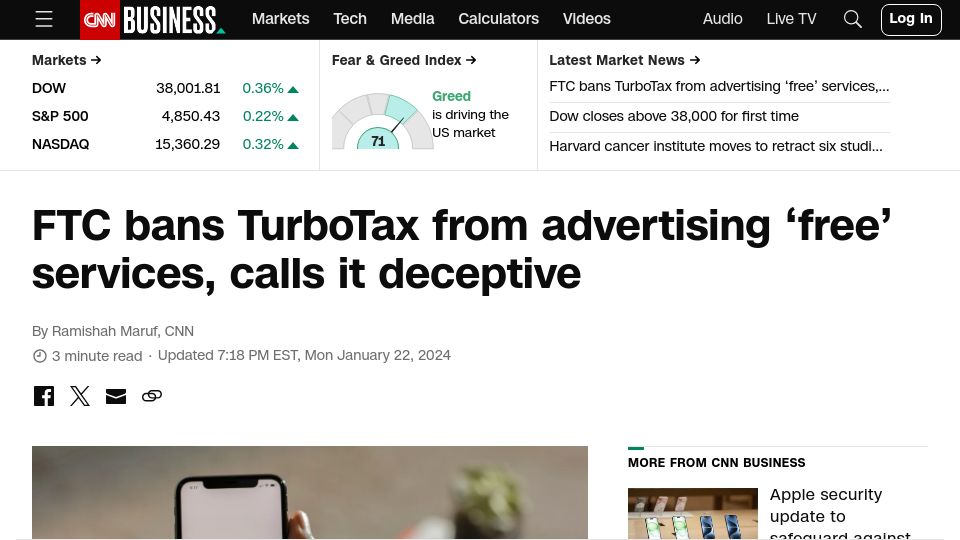 Screenshot of cnn.com: FTC bans TurboTax from advertising 'free' services, calls deceptive advertising