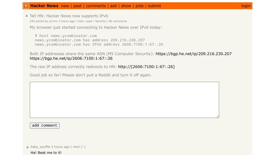 Screenshot of Hacker News post: Tell HN: Hacker News now supports IPv6