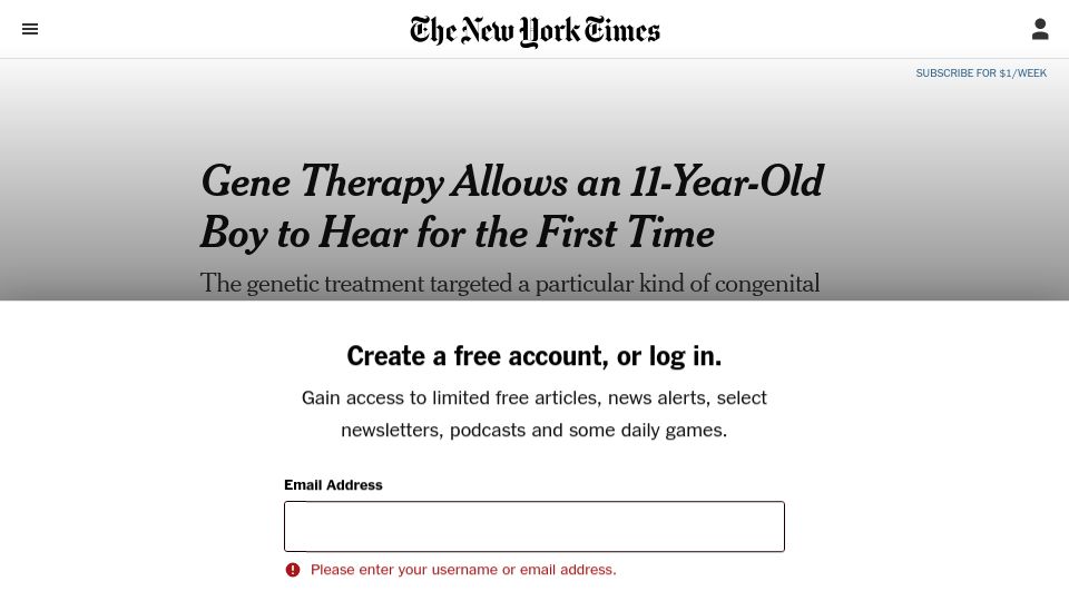Screenshot of nytimes.com: Gene therapy allows an 11-year-old boy to hear