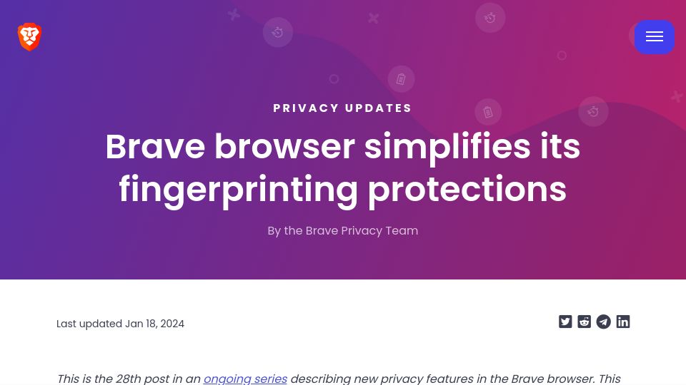 Screenshot of brave.com: Brave browser simplifies its fingerprinting protections