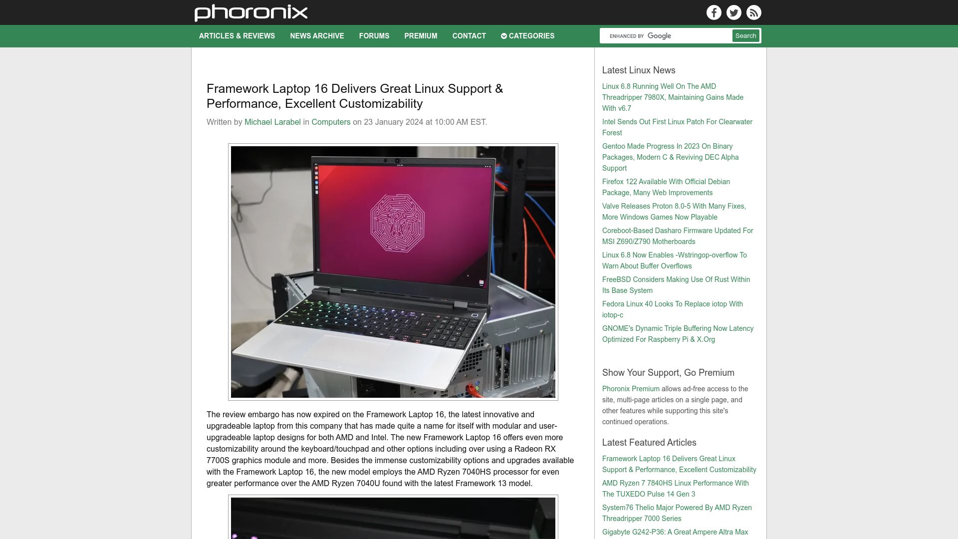 Screenshot of phoronix.com: Framework Laptop 16 Review