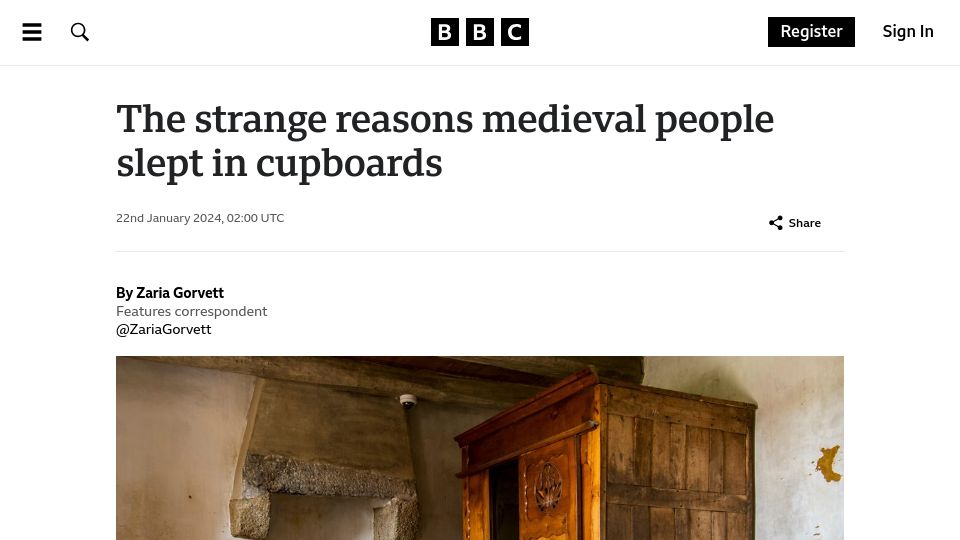 Screenshot of bbc.com: The reasons medieval people slept in cupboards