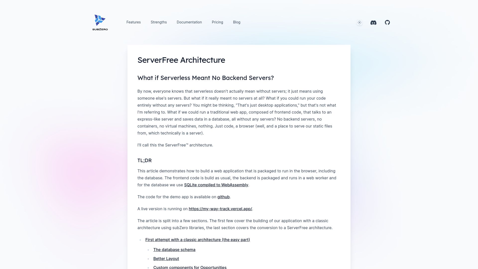 Screenshot of subzero.cloud: Is offline-first not enough? Do we need "serverfree"?