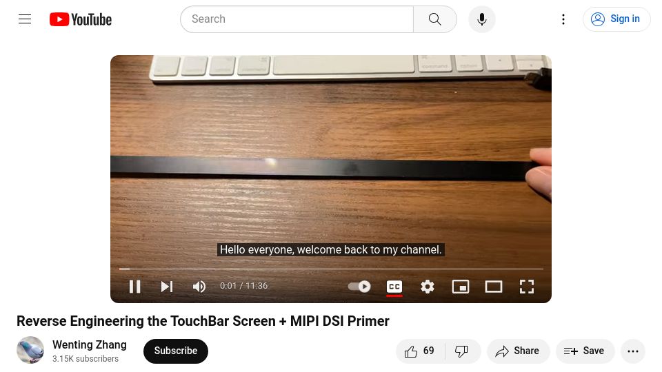 Screenshot of youtube.com: Reverse Engineering the TouchBar Screen and MIPI DSI Primer [video]
