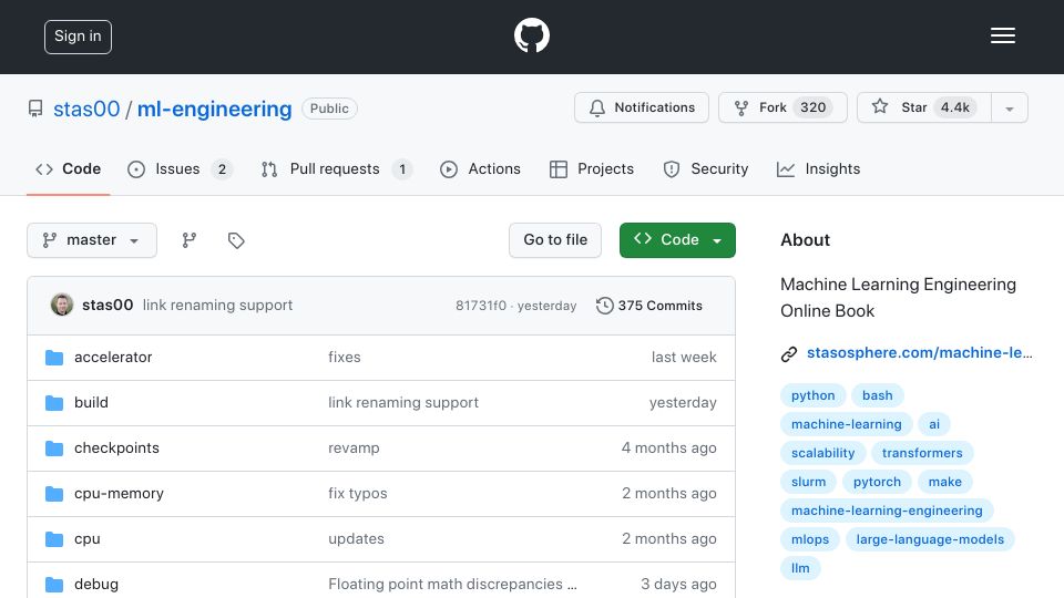 Screenshot of github.com: ML Engineering Online Book