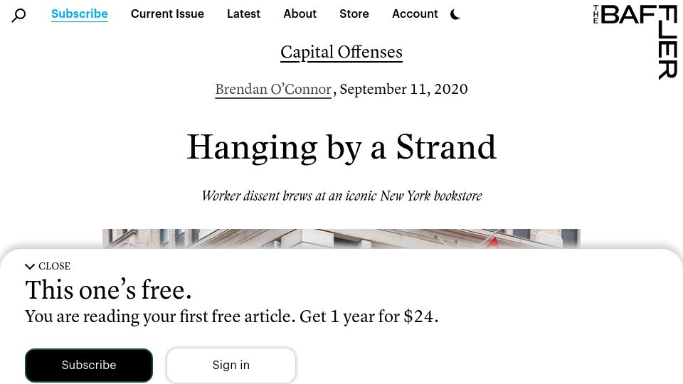 Screenshot of thebaffler.com: Hanging by a Strand: Worker dissent brews at an iconic New York bookstore (2020)