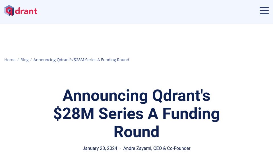 Screenshot of qdrant.tech: Qdrant, the Vector Search Database, raised $28M in a Series A round