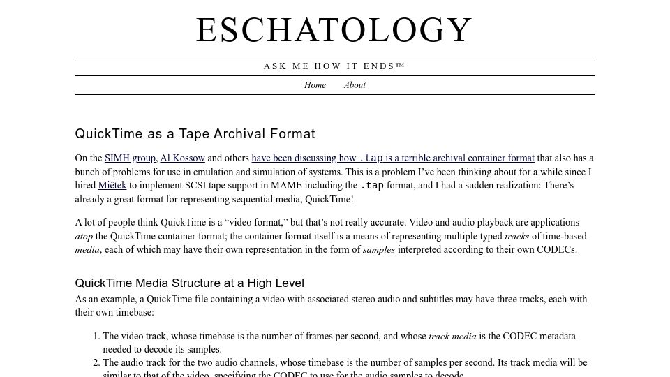 Screenshot of eschatologist.net: QuickTime as a Tape Archival Format