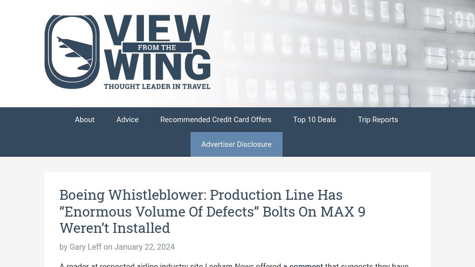 Screenshot of viewfromthewing.com: Boeing whistleblower: MAX 9 production line has "enormous volume of defects"