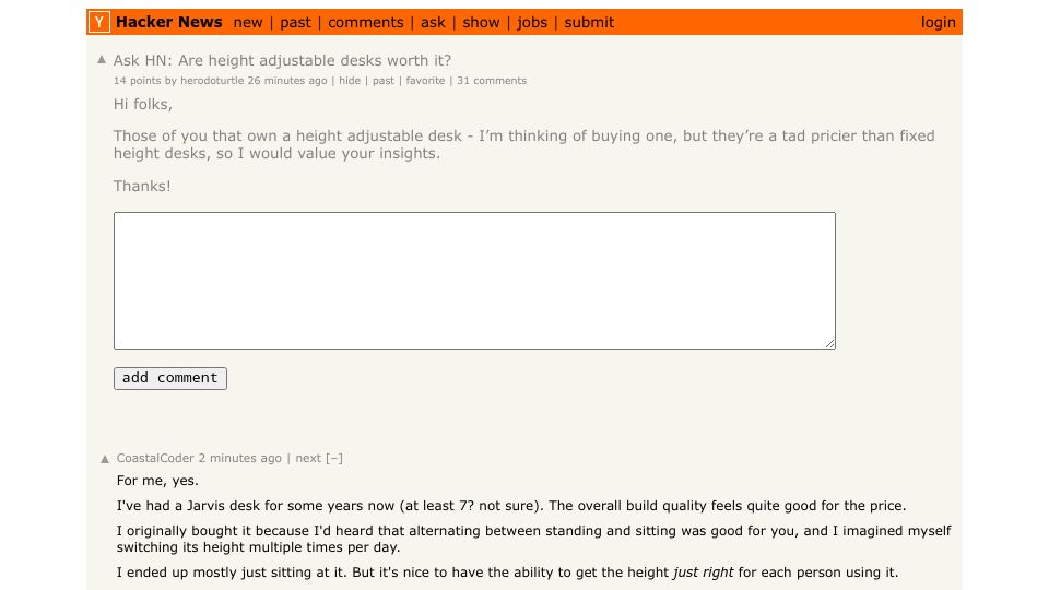 Screenshot of Hacker News post: Ask HN: Are height adjustable desks worth it?