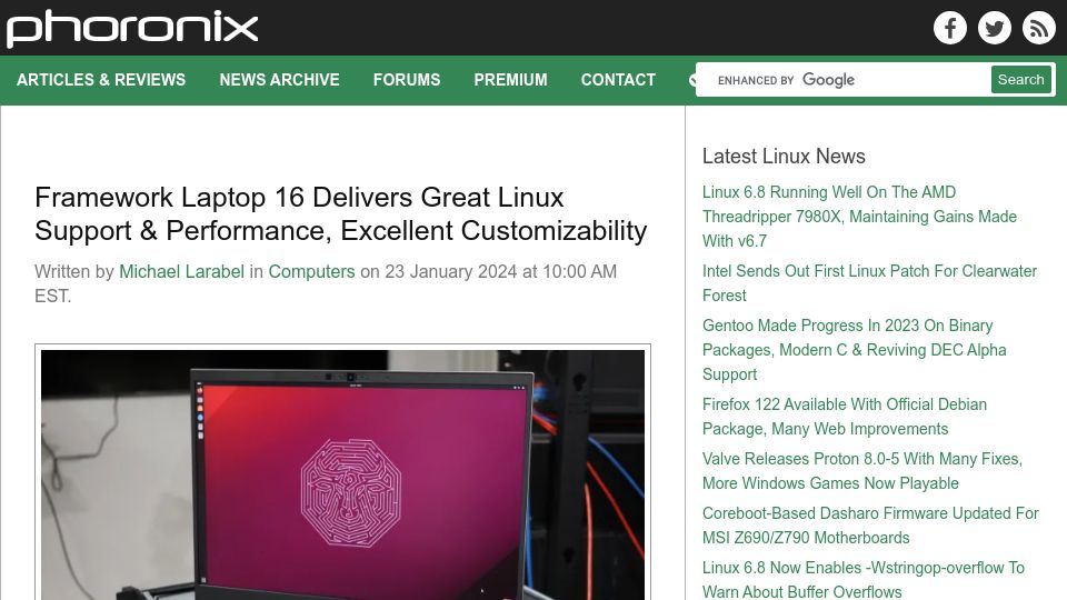 Screenshot of phoronix.com: Framework Laptop 16 Review