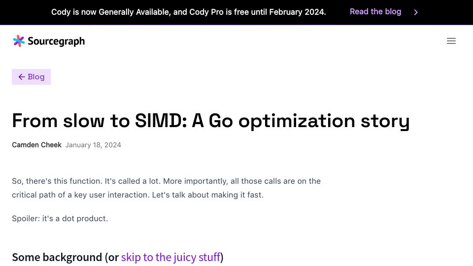 Screenshot of sourcegraph.com: From slow to SIMD: A Go optimization story