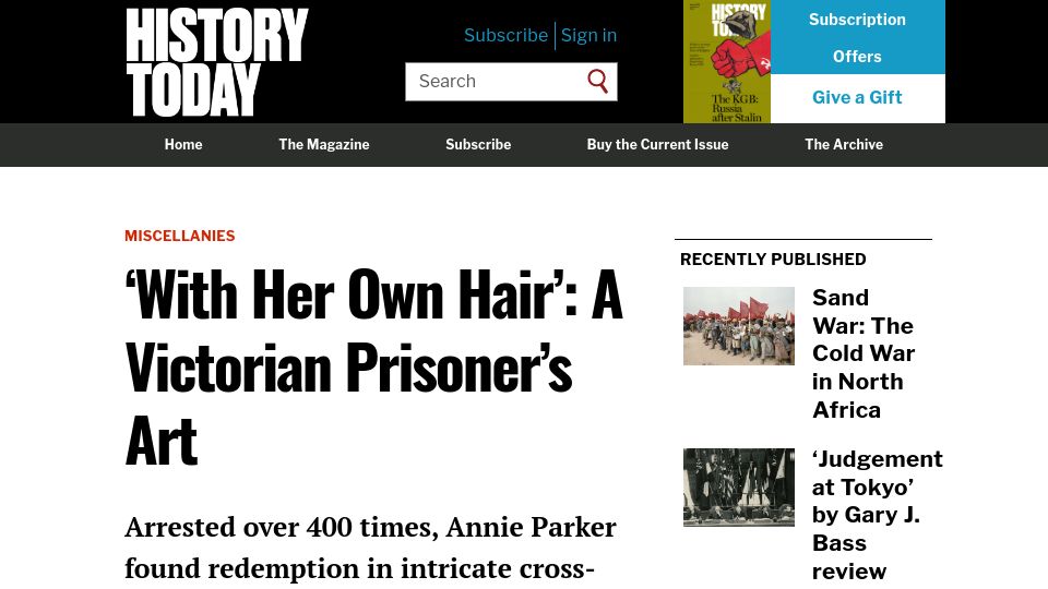 Screenshot of historytoday.com: 'With her own hair': A Victorian prisoner's art