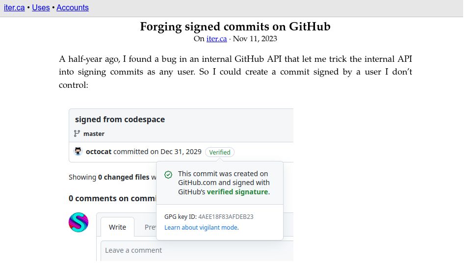 Screenshot of iter.ca: Forging signed commits on GitHub