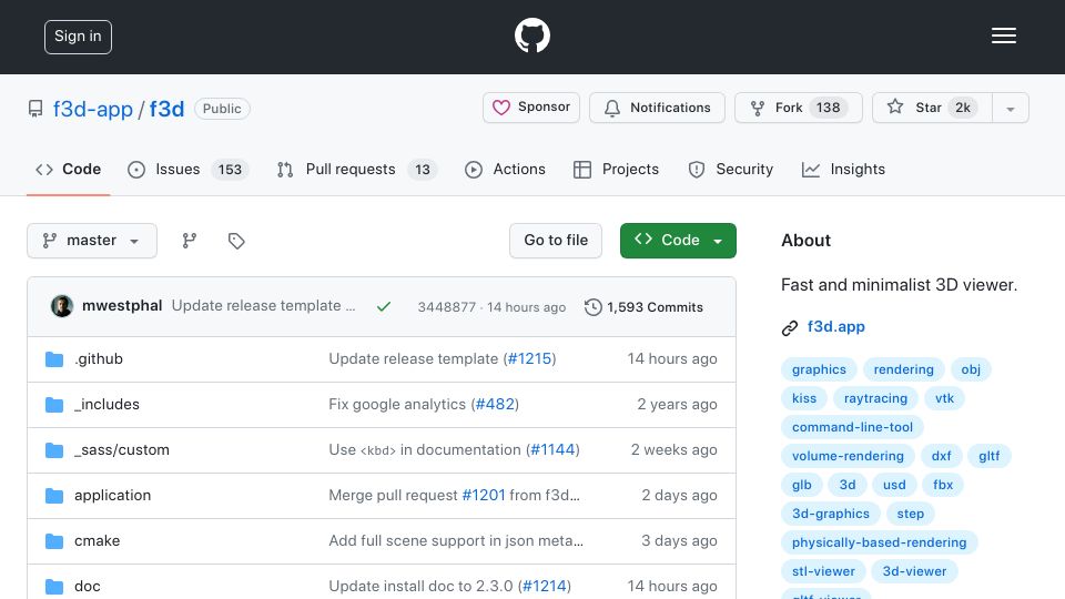 Screenshot of github.com: F3d v2.3.0 Released – Fast and minimalist 3D viewer