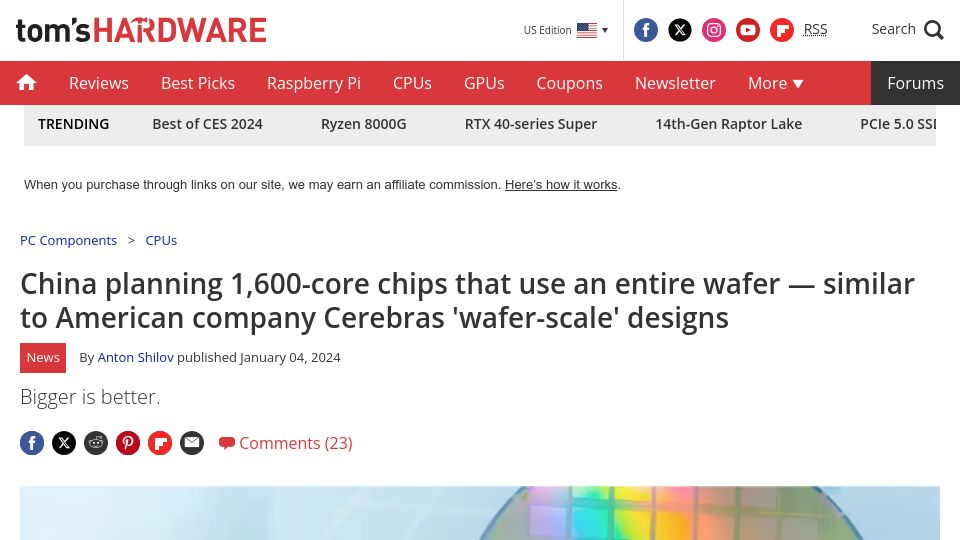 Screenshot of tomshardware.com: Chinese researchers planning 1,600-core chips that use an entire wafer