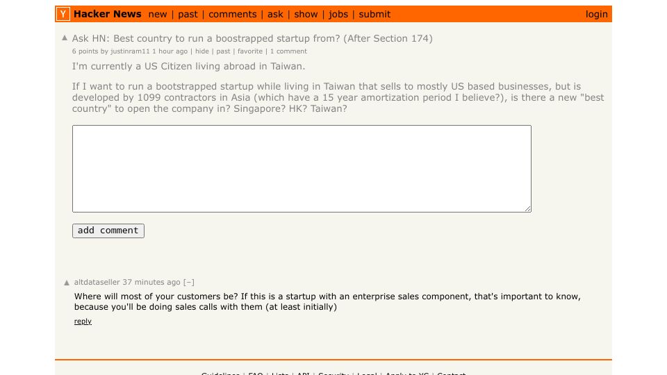 Screenshot of Hacker News post: Ask HN: Best country to run a boostrapped startup from? (After Section 174)