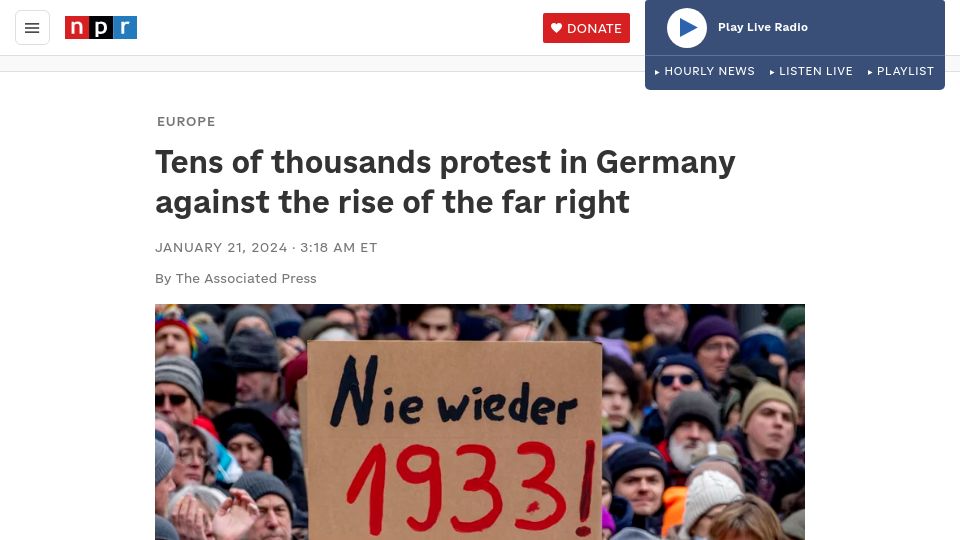 Screenshot of npr.org: Tens of thousands protest in Germany against the rise of the far right