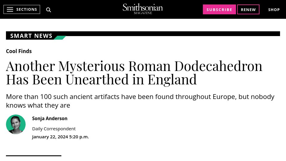 Screenshot of smithsonianmag.com: Another Roman dodecahedron has been unearthed in England