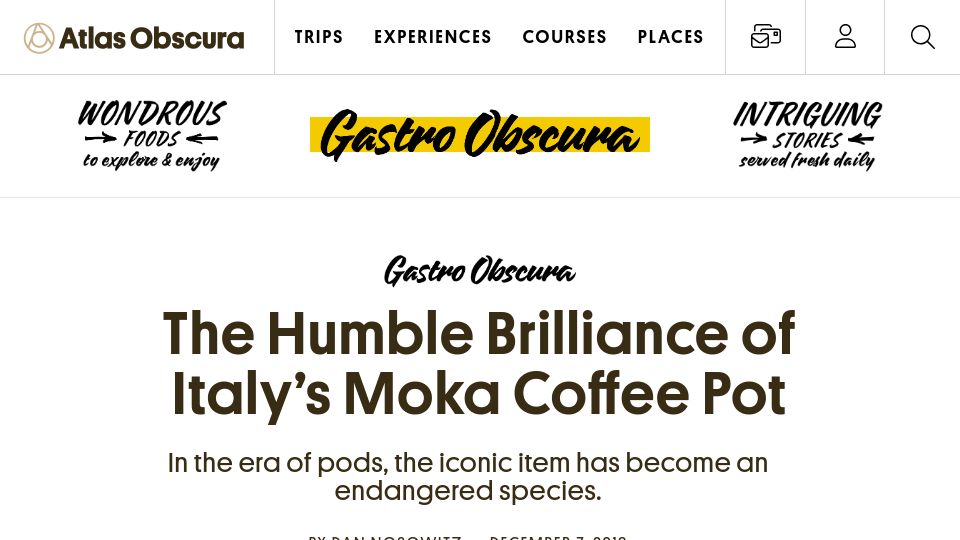 Screenshot of atlasobscura.com: The Humble Brilliance of Italy's Moka Coffee Pot