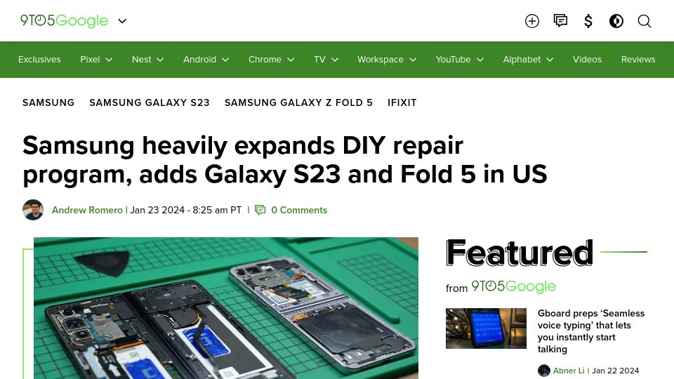 Screenshot of 9to5google.com: Samsung expands DIY repair program, adds Galaxy S23 and Fold 5 in US