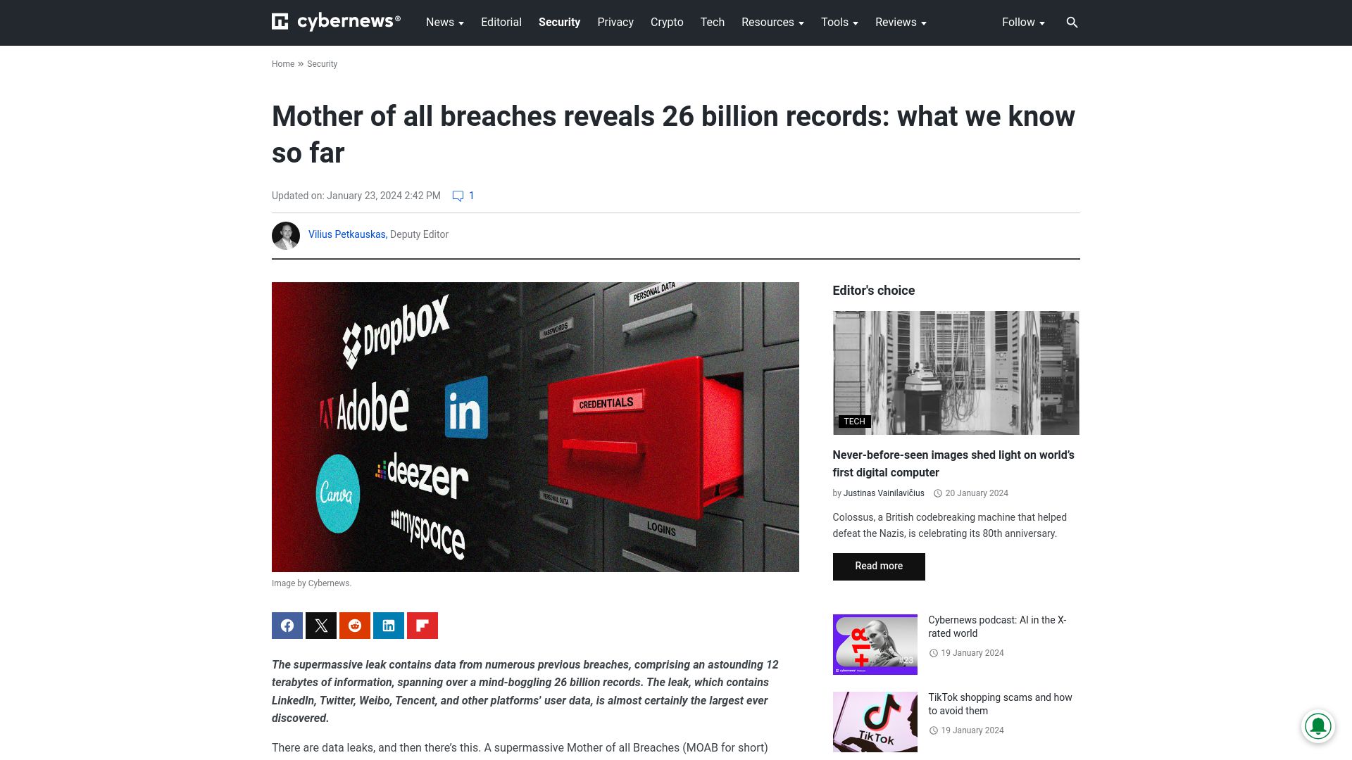 Screenshot of cybernews.com: Data leak contains 26B records from numerous previous breaches