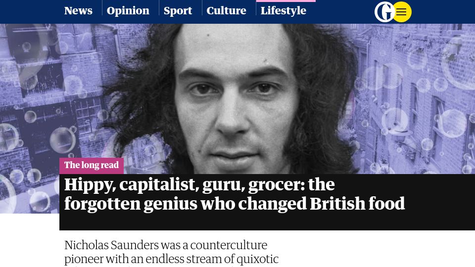 Screenshot of theguardian.com: Hippy, capitalist, guru, grocer: Nicholas Saunders and "Alternative London"