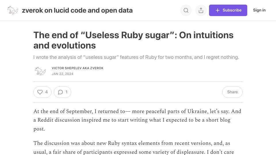 Screenshot of zverok.substack.com: The end of "Useless Ruby sugar": On intuitions and evolutions