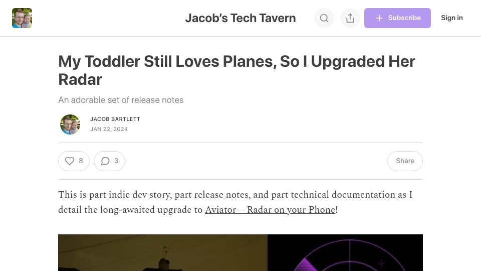 Screenshot of jacobbartlett.substack.com: My toddler still loves planes, so I upgraded her radar
