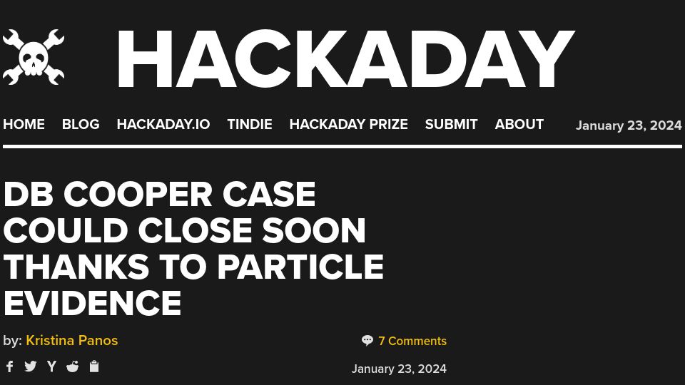Screenshot of hackaday.com: DB Cooper Case Could Close Soon Thanks to Particle Evidence