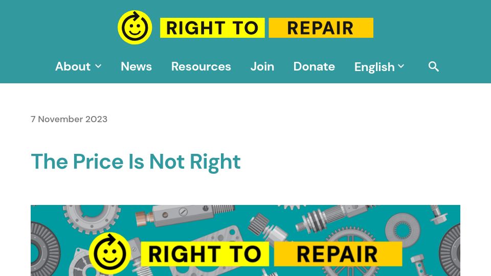 Screenshot of repair.eu: Right to Repair: The Price Is Not Right