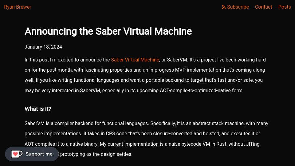 Screenshot of ryanbrewer.dev: SaberVM