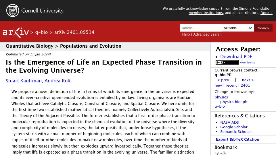 Screenshot of arxiv.org: Is the emergence of life an expected phase transition in the evolving universe?